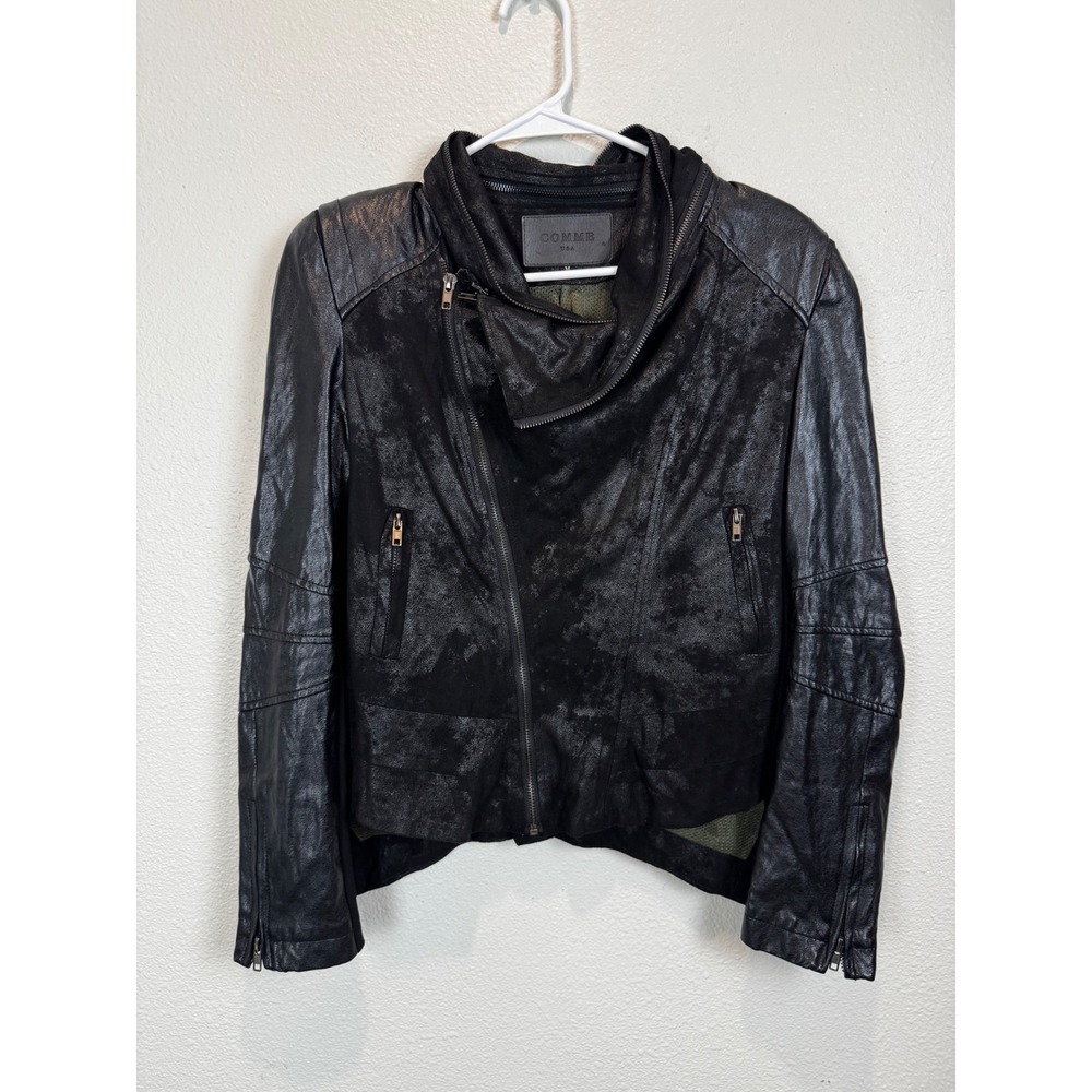 COMME Jacket Womens M Black Faux Leather Moto Asymmetrical Distressed